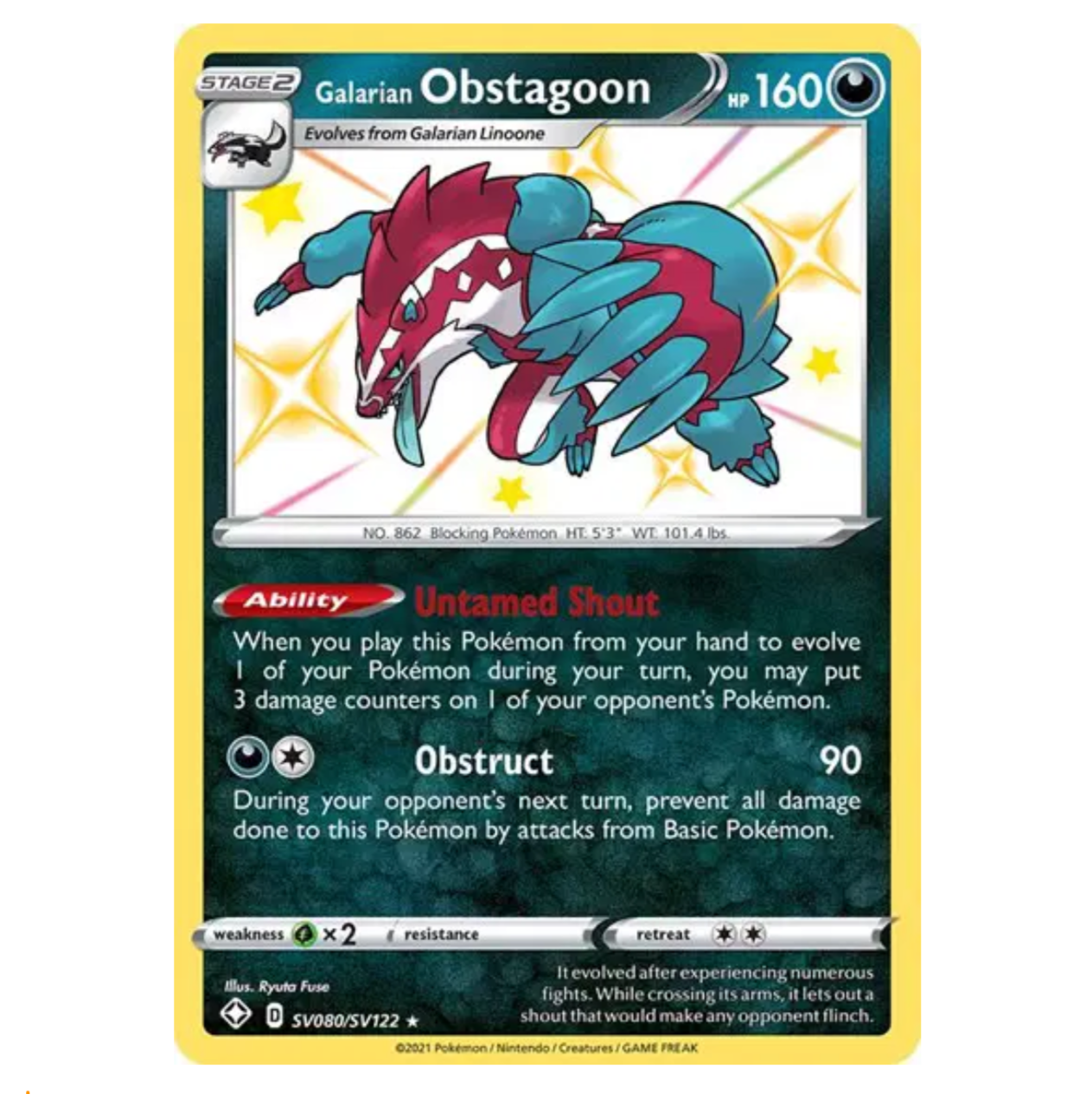 Pokemon TCG Galarian Obstagoon *Baby Shiny* Shining Fates SV080/SV122